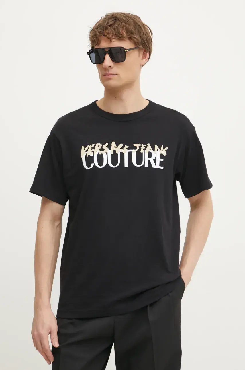Bavlnené tričko Versace Jeans Couture pánske, čierna farba, s potlačou, 78GAHE06 CJ00E