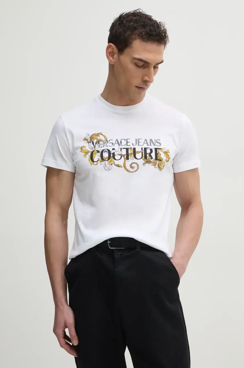 Bavlnené tričko Versace Jeans Couture pánske, biela farba, s potlačou, 78GAHC05 CJ01C