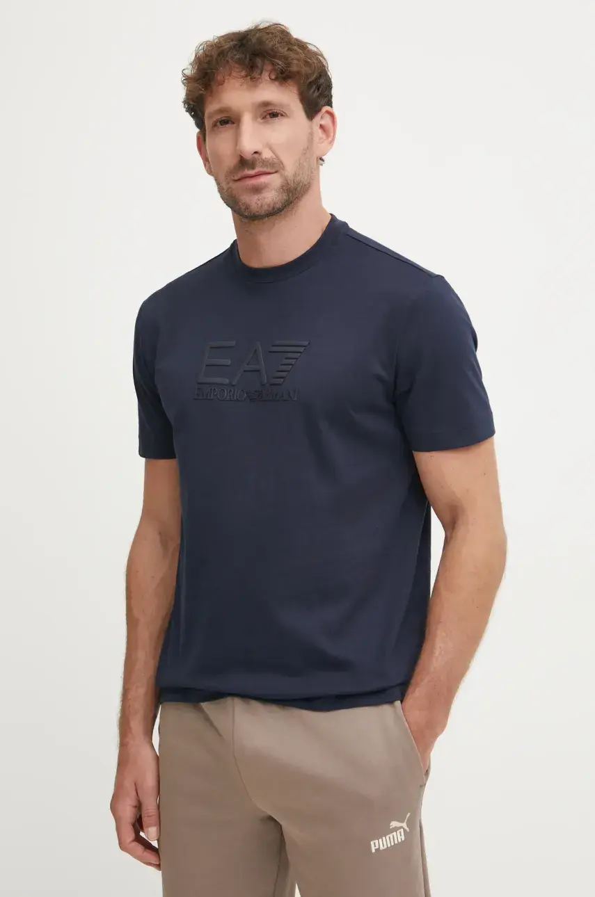 Bavlnené tričko EA7 Emporio Armani pánsky, tmavomodrá farba, s potlačou, AF10375.7M000224