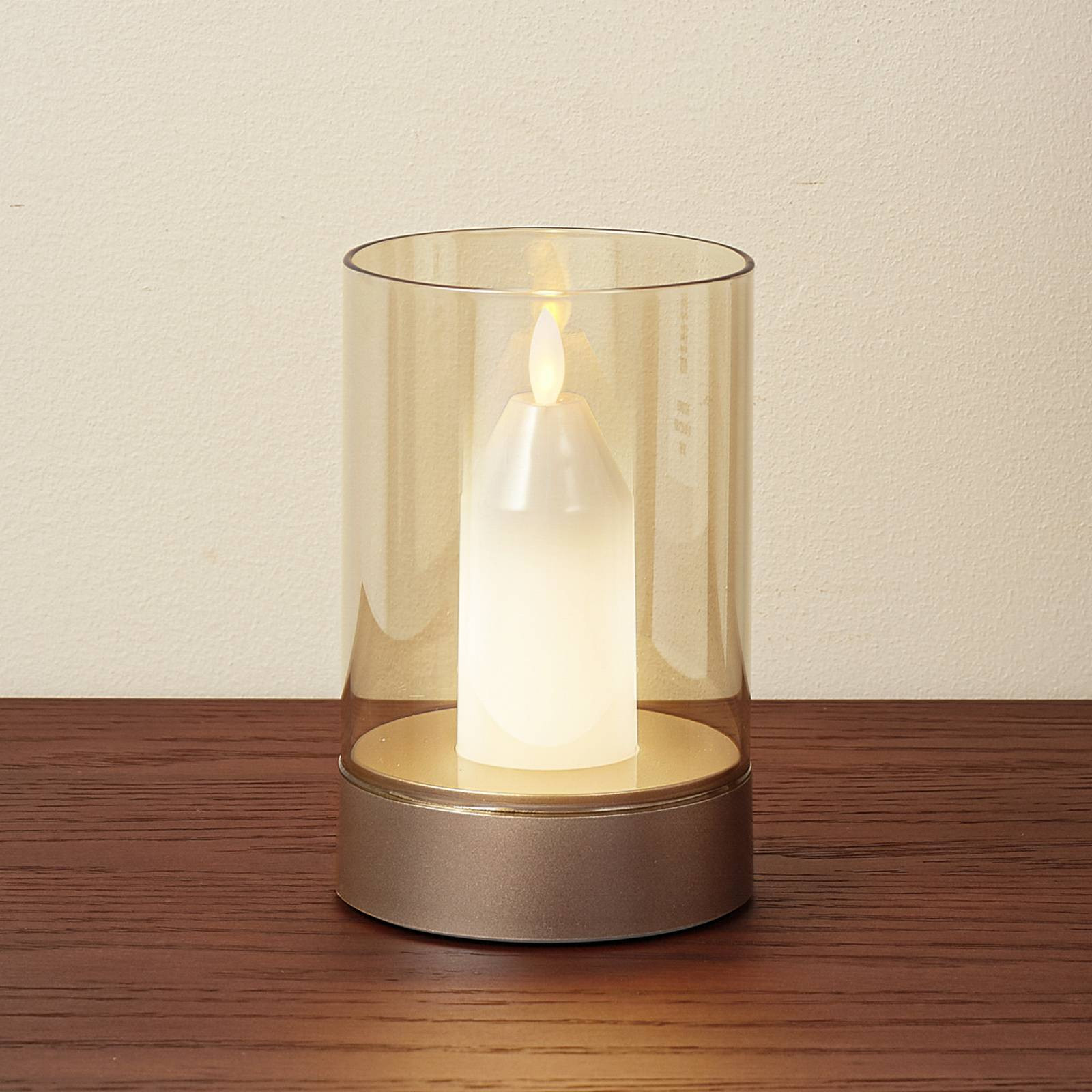 Lindby LED dobíjacia stolová lampa Lumana, jantárová, sklo, stmievateľná