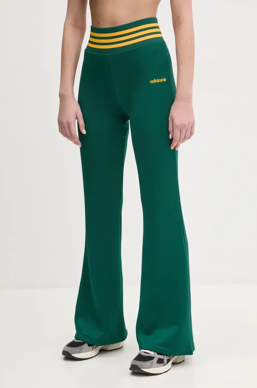 Tepláky adidas Originals FLARED PANTS dámske, zelená farba, s nášivkou, JC7689