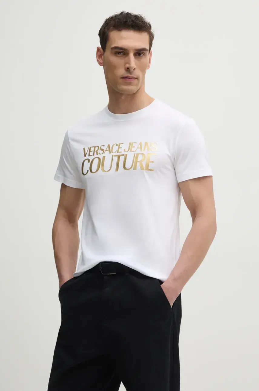 Bavlnené tričko Versace Jeans Couture pánske, biela farba, s potlačou, 78GAHT05 CJ00T