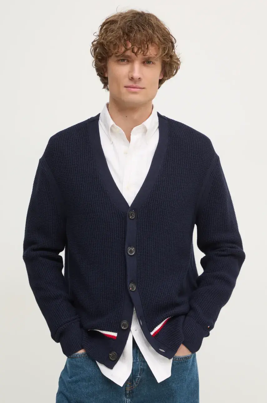 Bavlnený kardigán Tommy Hilfiger pánsky, tmavomodrá farba, MW0MW38087