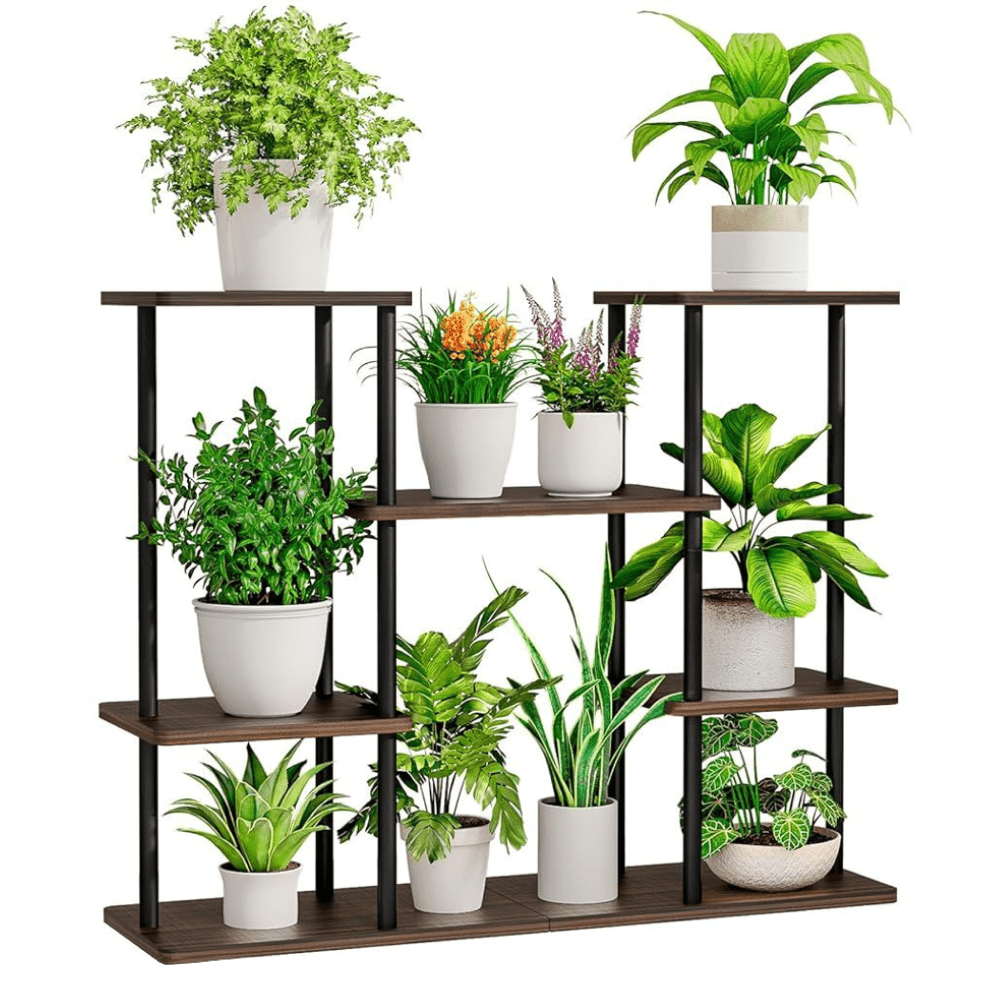 Kovový stojan na kvety, čierna/rustikálne drevo, LEDER