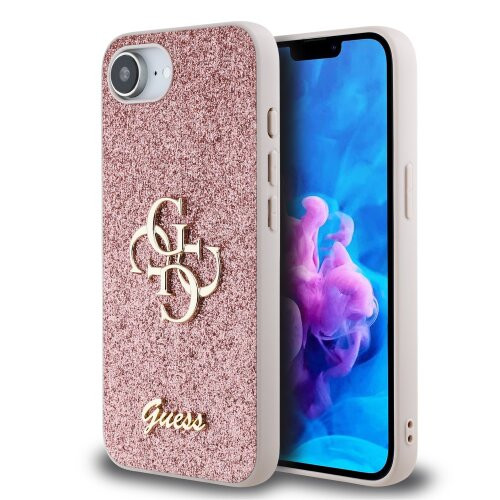Guess PU Fixed Glitter 4G Metal Logo Zadní Kryt pro iPhone SE4 Pink