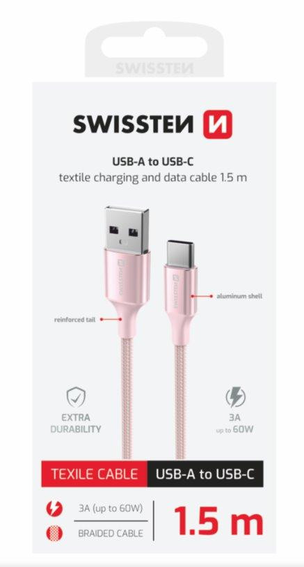 SWISSTEN DÁTOVÝ KÁBEL TEXTILE II USB / USB-C 1,5 M RUŽOVÝ