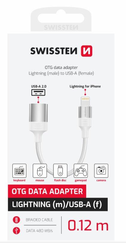 SWISSTEN OTG ADAPTÉR TEXTILE LIGHTNING (samec) / USB-A (samica) 0,12 M BIELÝ