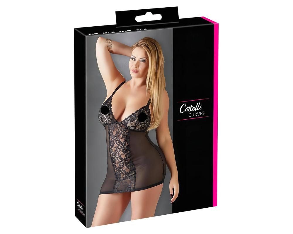 Cottelli Plus Size - čipkovaná priehľadná negližé (čierna)