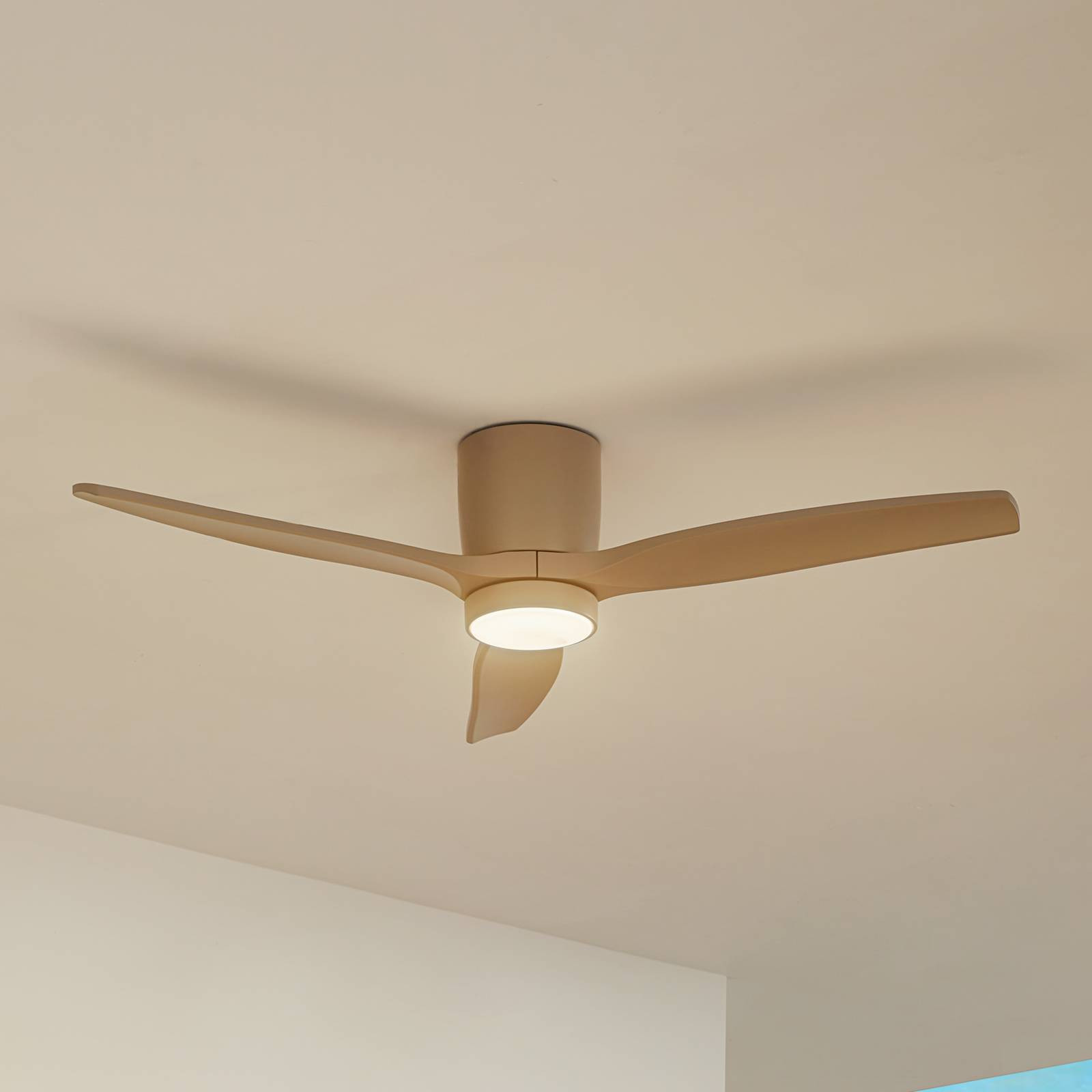 Lucande LED vonkajší stropný ventilátor Sorin, béžový, DC, tichý