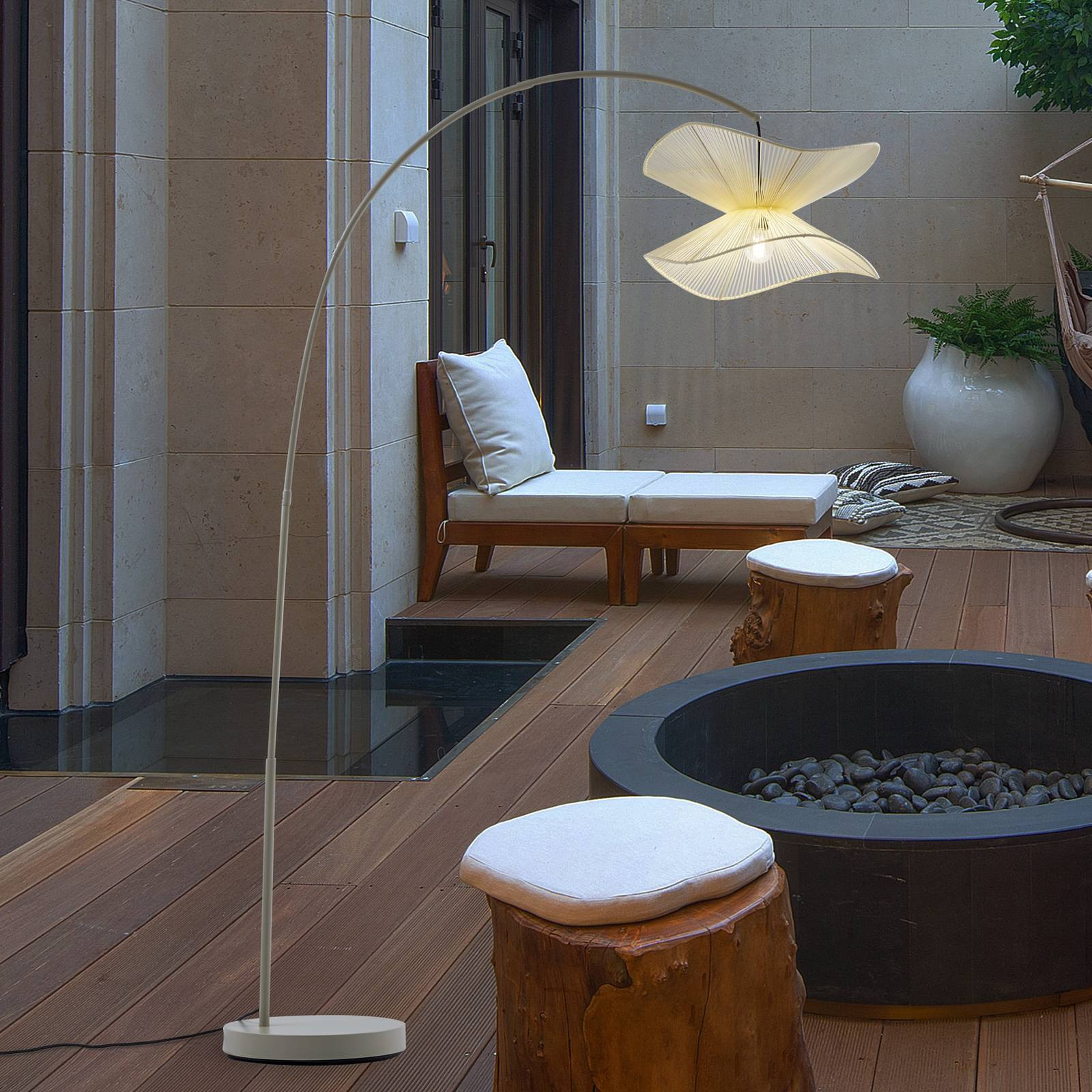 Vonkajšia stojacia lampa Lindby Valdorin, béžová, bavlna, Ø 50 cm