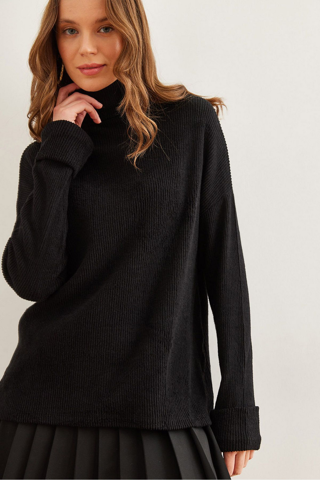 Olalook Women's Black Turtleneck Cuff Detailed Soft Texture Blouse