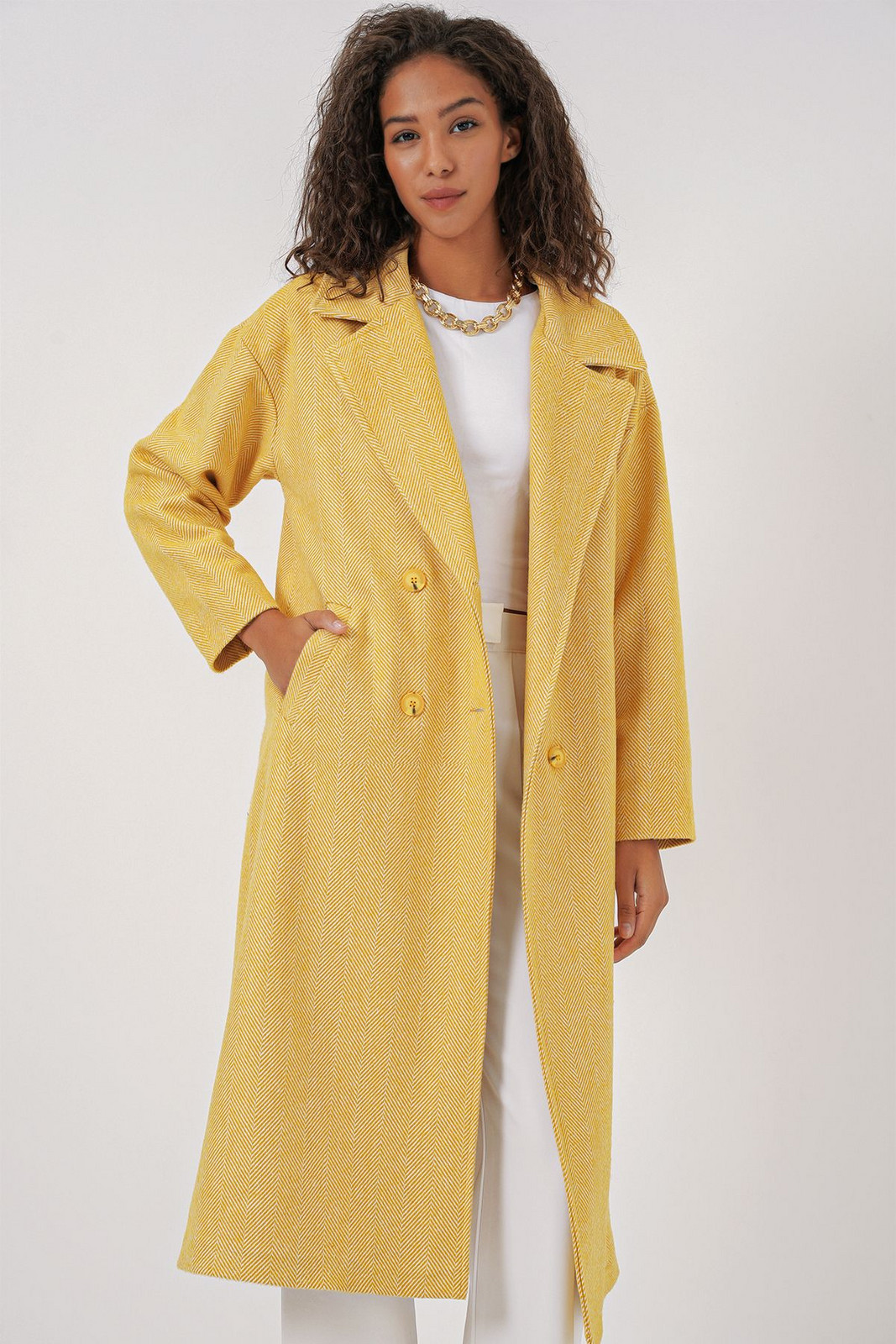 Bigdart 9113 Oversize Wide Cut Wool Long Stamp Coat - Yellow