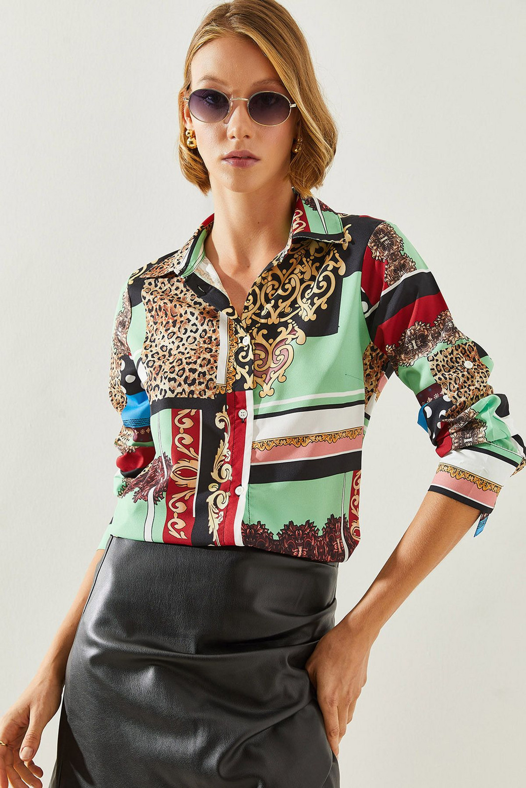 Bianco Lucci Women's Patterned Long Sleeve Satin Shirt 181149
