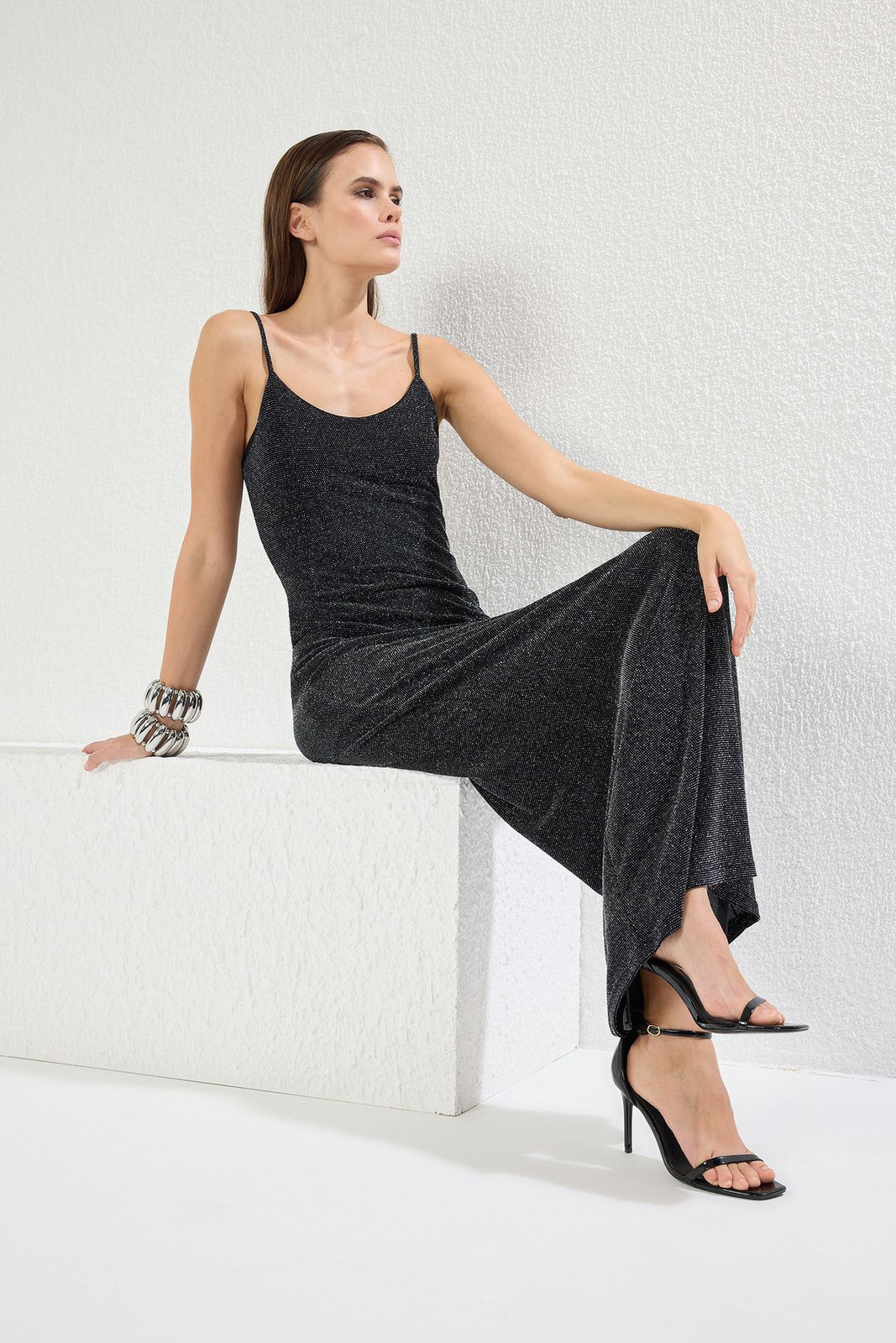 Trendyol Anthracite Body-hugging Sparkly Glittery Knitted Maxi Evening & Graduation Dress