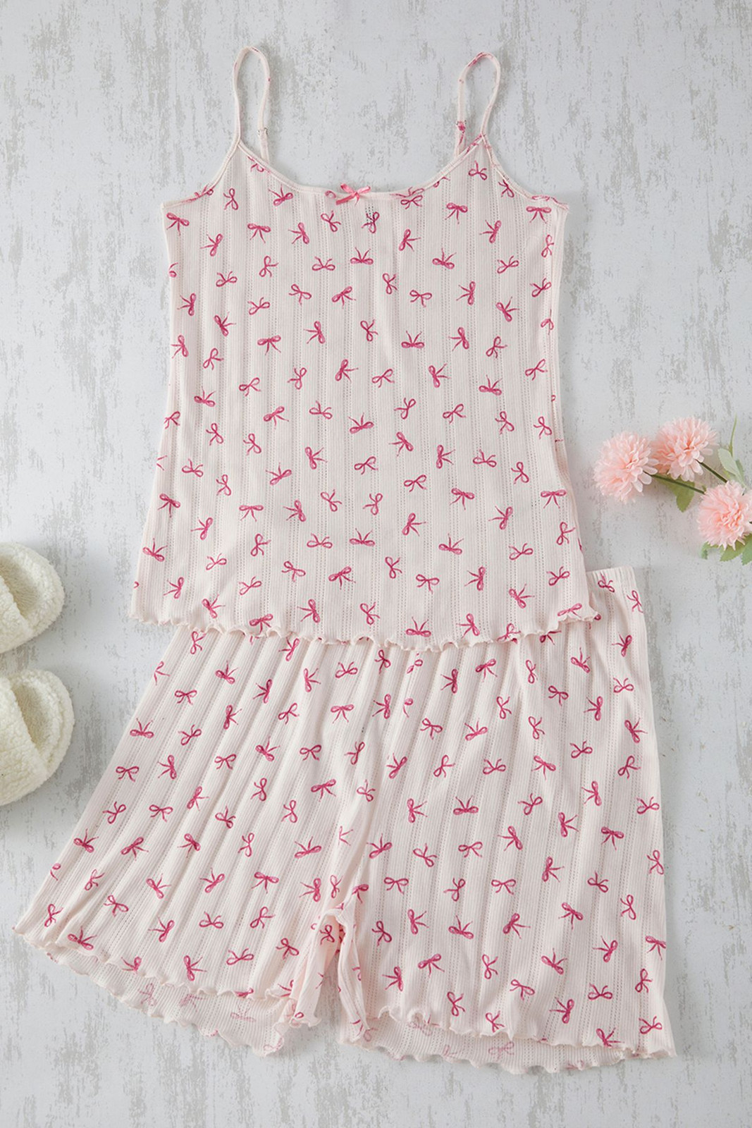 Trendyol Curve Pink Ribbon/Bow Patterned Pointel Openwork/Hole Knitted Pajama Set