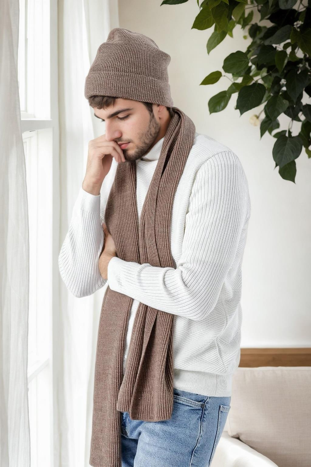 35261 Dewberry Mens Scarf Beret Set-COFFEE