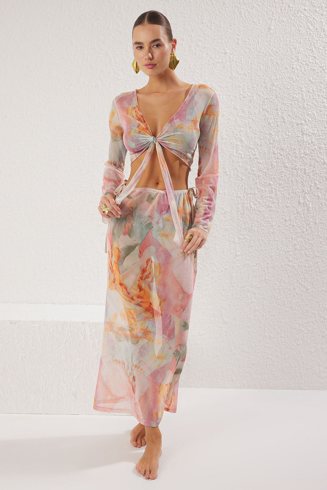 Trendyol Abstract Patterned Binding Detailed Transparent Blouse Skirt Set