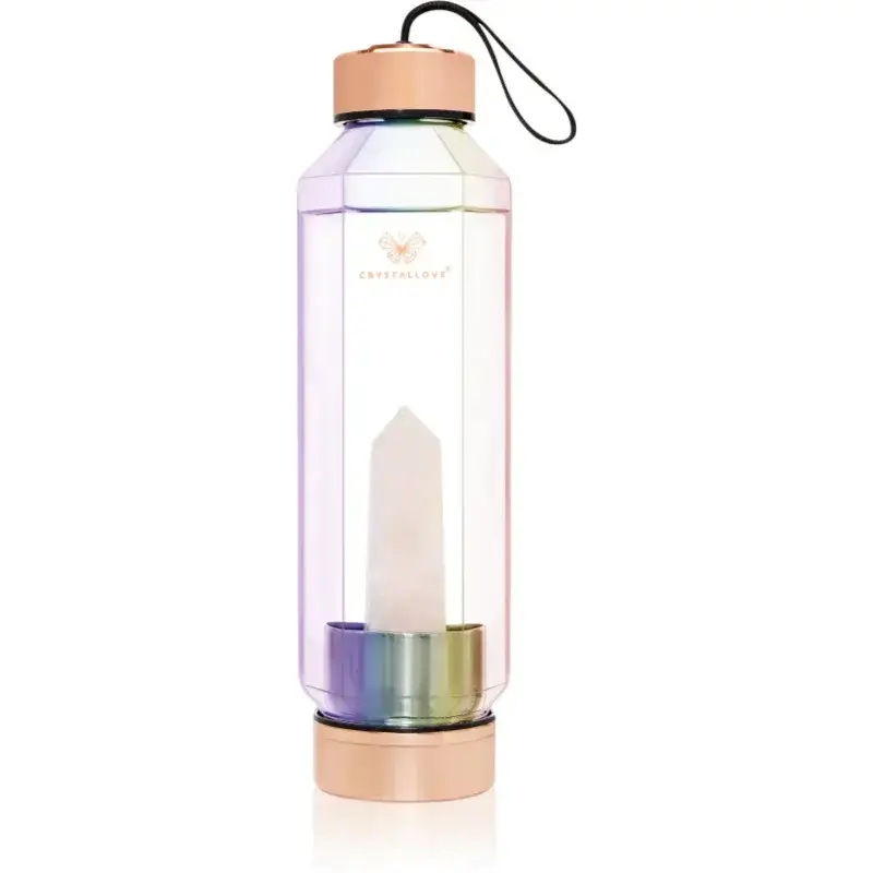 Crystallove Crystal Water Bottle sklenená fľaša na vodu Hexagon Hologram - Rose Quartz 650 ml