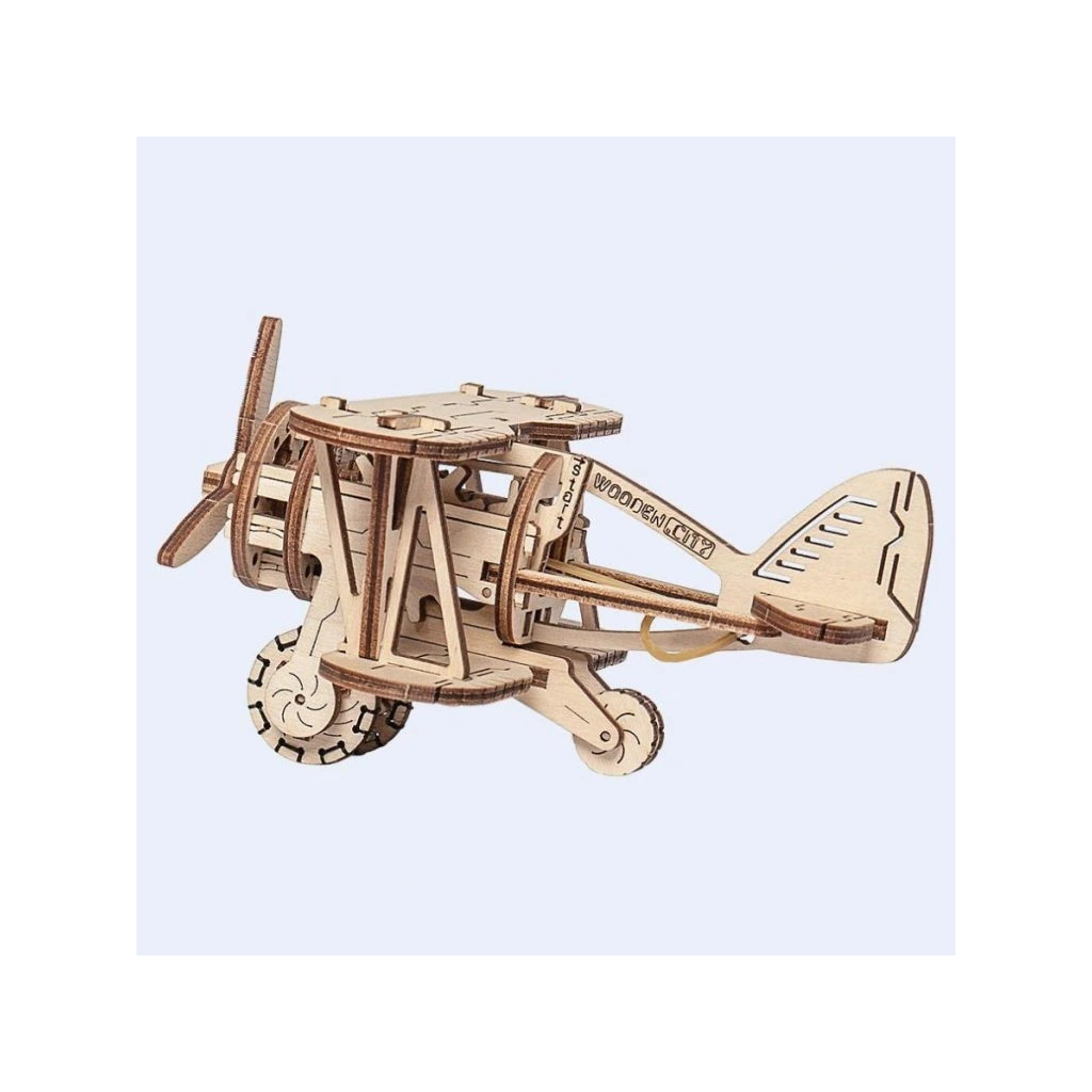 3D mechanické puzzle Wooden City Dvojplošník 63 ks - hnedé
