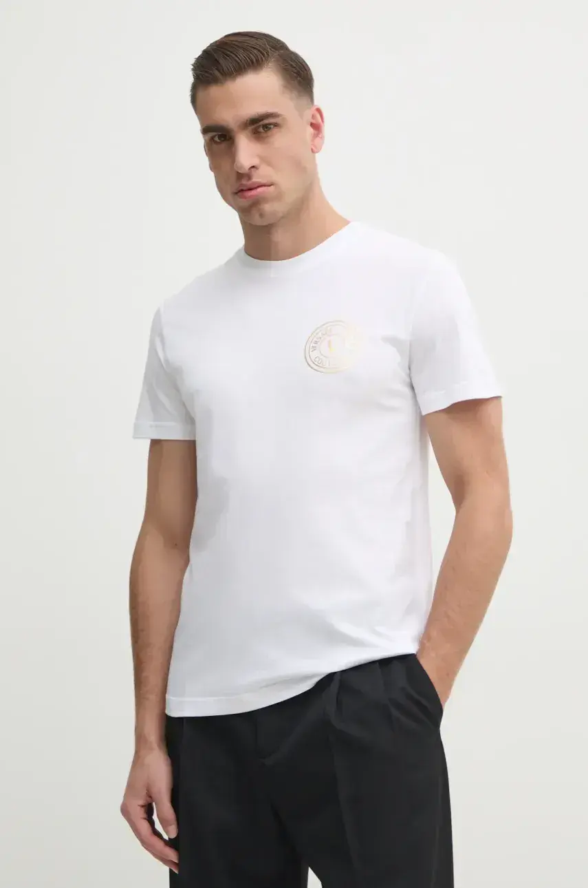 Bavlnené tričko Versace Jeans Couture pánske, biela farba, s potlačou, 78GAHT00 CJ00T