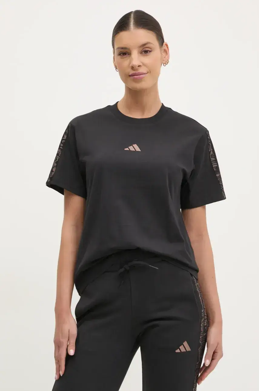 Bavlnené tričko adidas Essentials Animal dámske, čierna farba, JM5868
