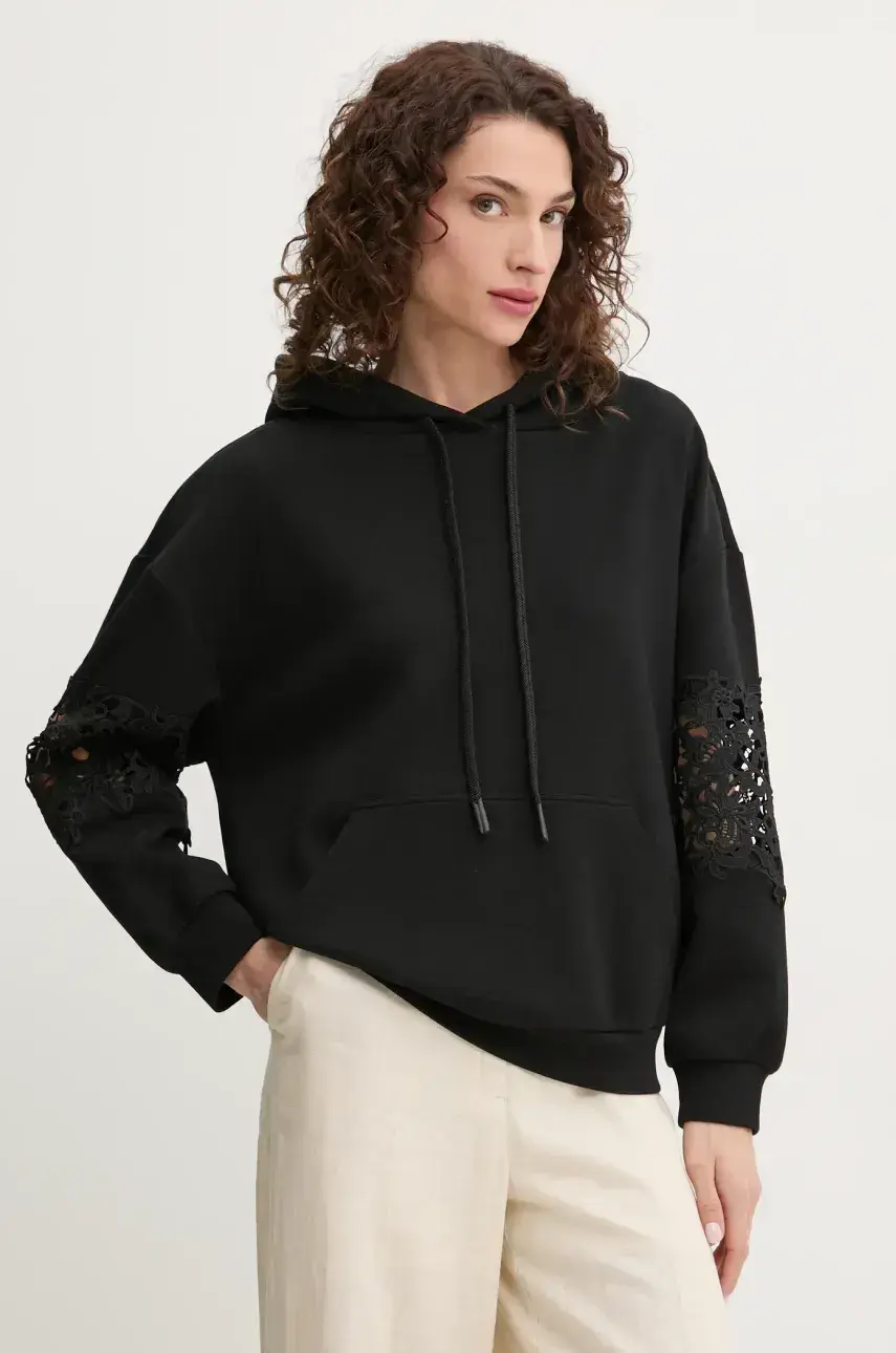 Mikina Twinset dámska, čierna farba, s kapucňou, jednofarebná, 251TP2700