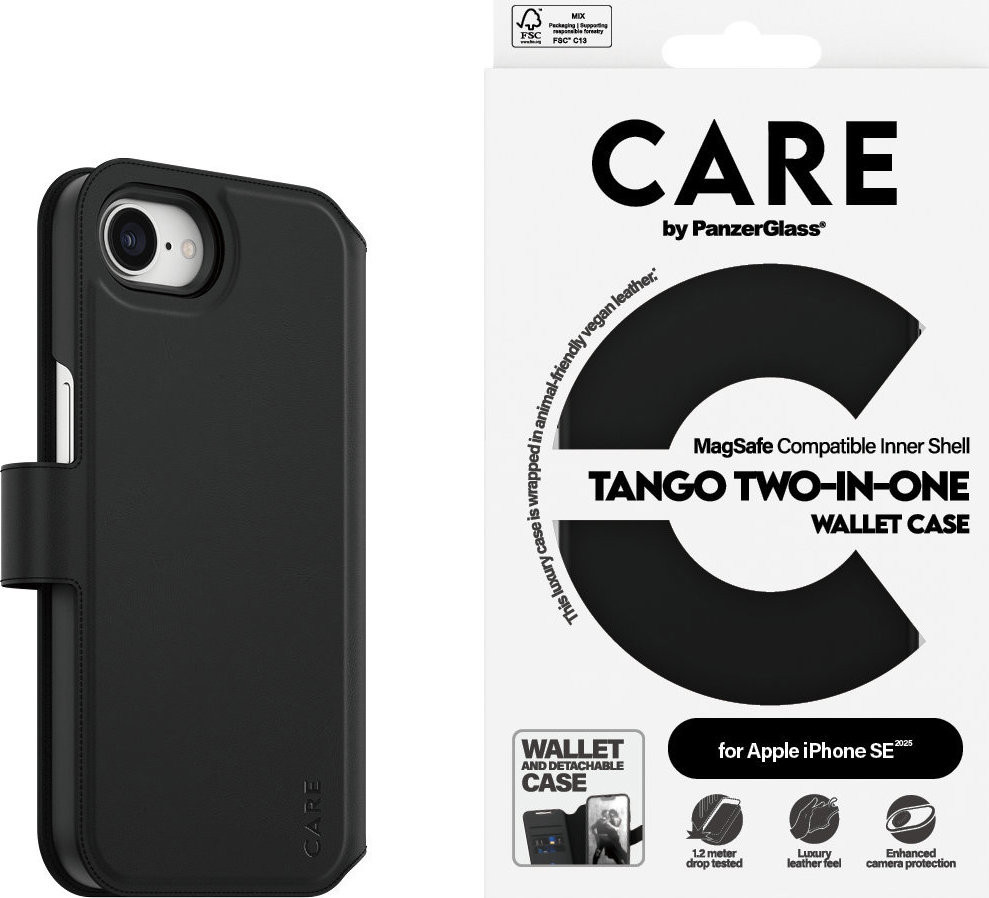 PanzerGlass CARE pouzdro Apple iPhone 16e MagSafe Wallet 2v1 černý