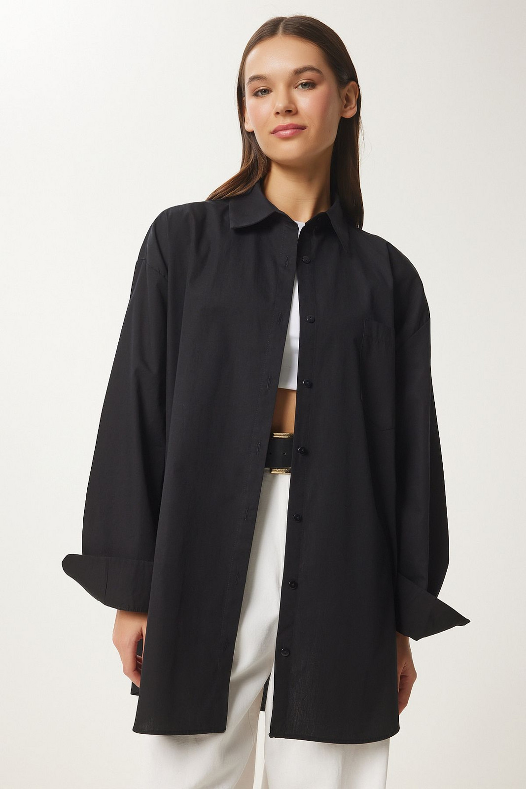 Happiness İstanbul Women's Black Oversize Long Woven Shirt