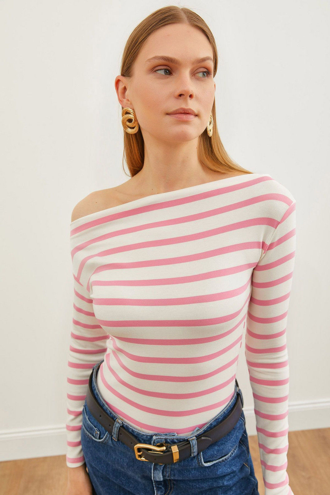 Olalook Women's Pink Striped Premium Soft Touch Boat Neck Stretchy Blouse