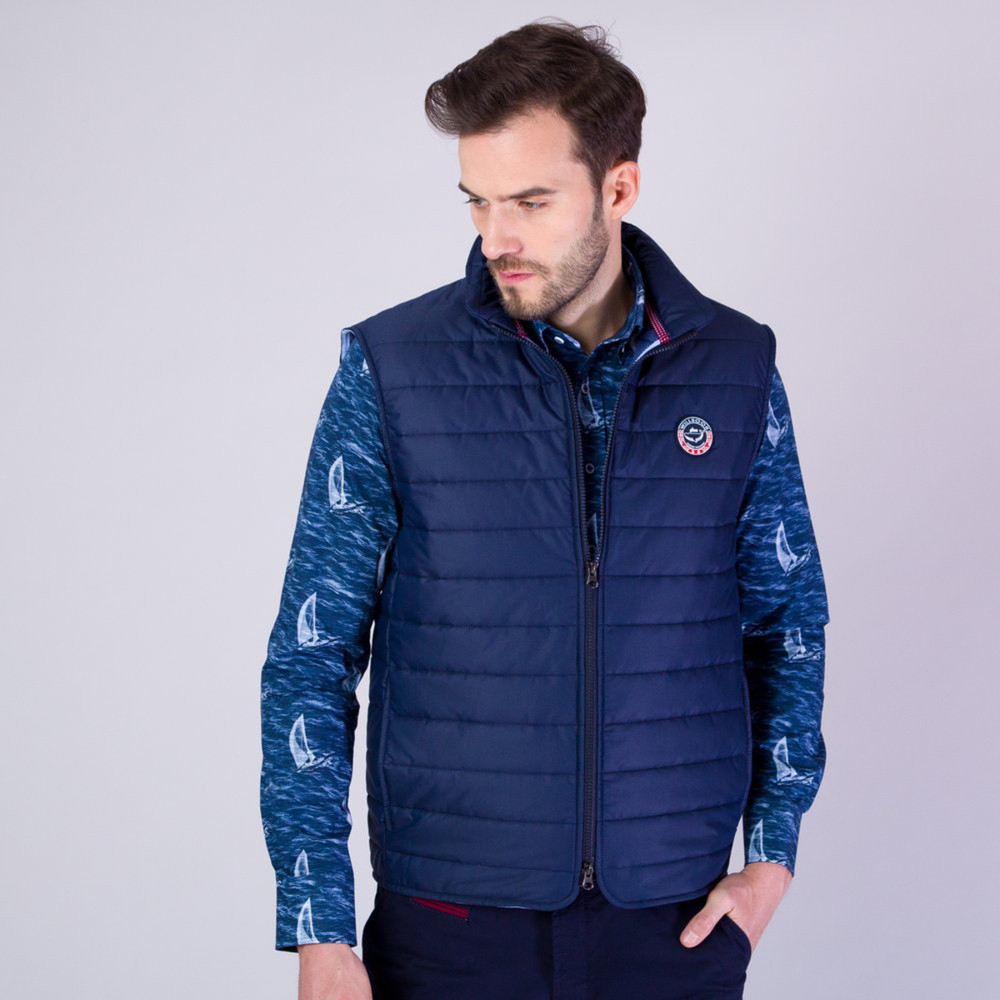 Pánska prešívaná vesta tmavo modrá s lesklým povrchom 11867