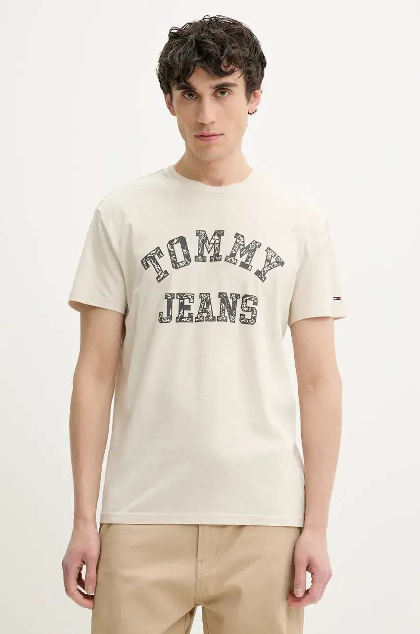 Bavlnené tričko Tommy Jeans pánske, béžová farba, s potlačou, DM0DM20773