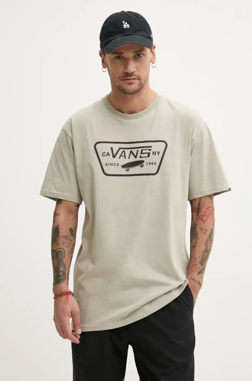 Bavlnené tričko Vans pánske, béžová farba, s potlačou, VN000QN8ZUJ1