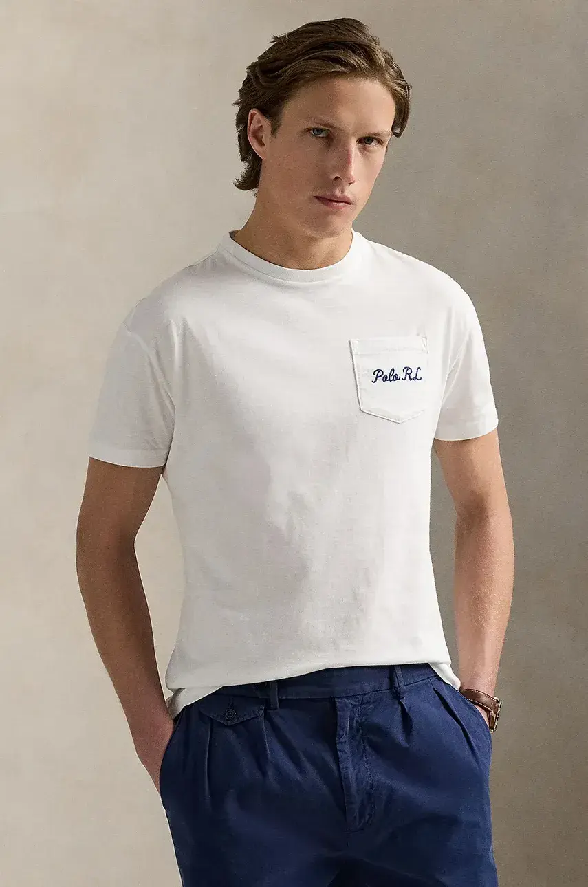 Bavlnené tričko Polo Ralph Lauren pánske, biela farba, s potlačou, 710969631