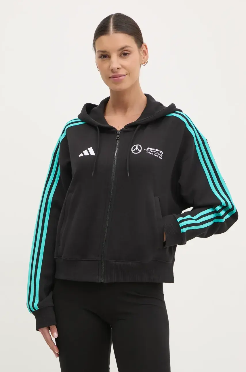Bavlnená mikina adidas x Mercedes dámska, čierna farba, s kapucňou, s potlačou, JV5436