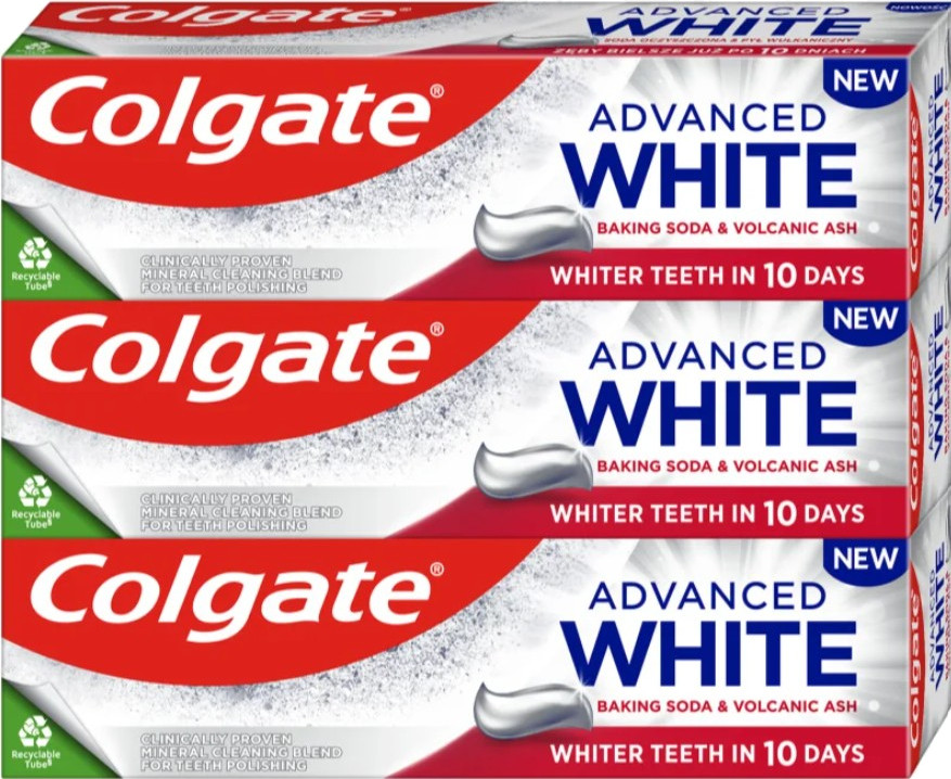 Colgate Bieliaca zubná pasta Advanced White Baking Soda & Vulcanic Ash Trio 3 x 75 ml