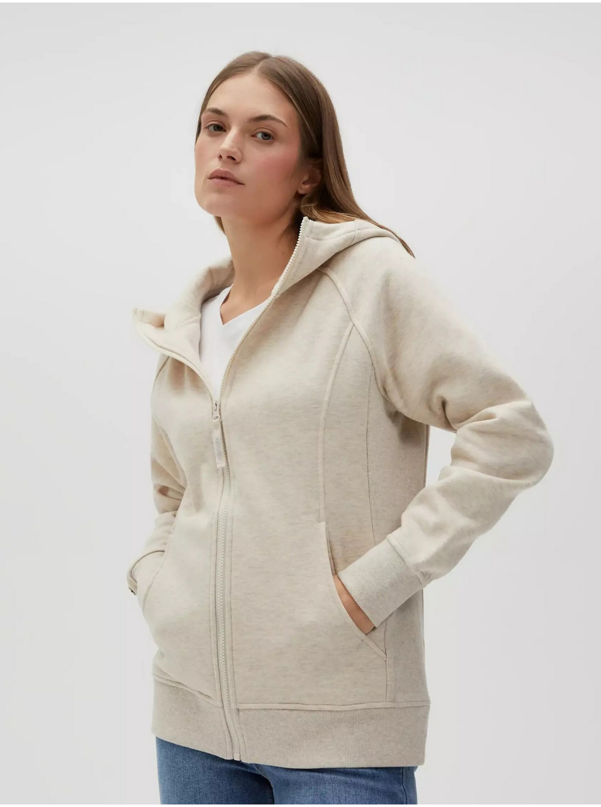 Béžová dámska mikina na zips s kapucňou Moodo