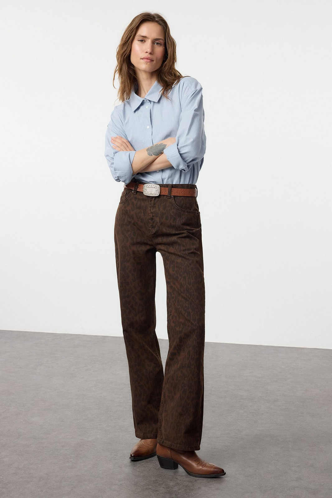 Trendyol Multicolored Leopard Print Brown High Waist Wide Leg Jeans