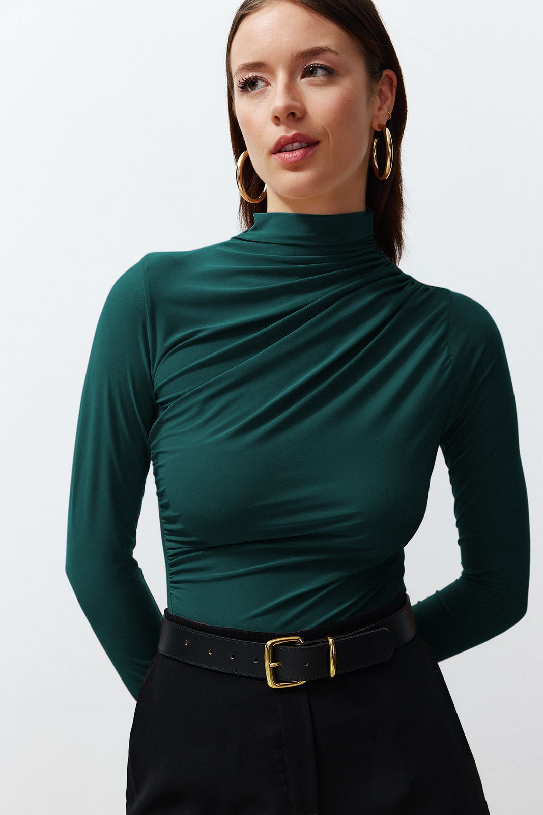 Trendyol Emerald Green Pleated Square Neck Body-Smoothing Flexible Knitted Blouse