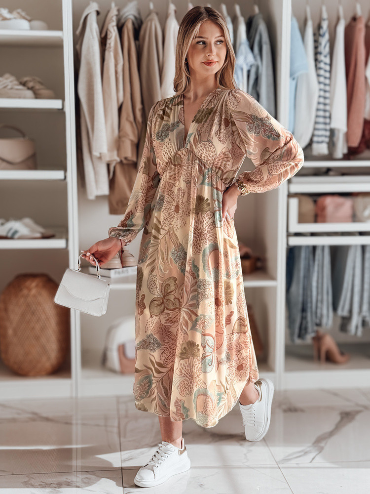 Sukienka one size midi w kwiatki LILOVIE beżowa Dstreet