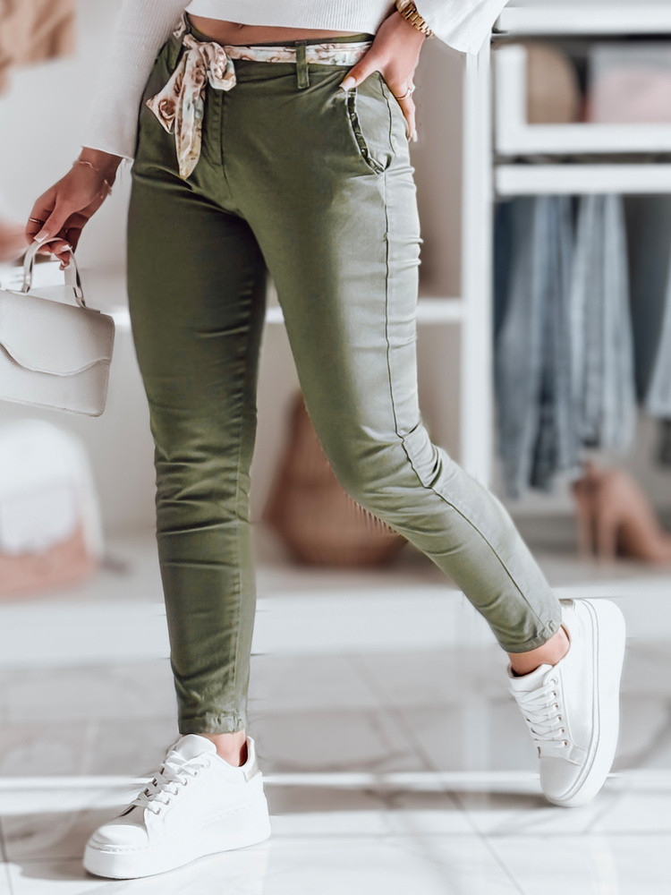 Spodnie damskie materiałowe chinosy z paskiem ROSSALI oliwkowe Dstreet