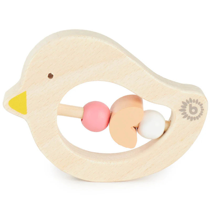 Bieco - Drevené hryzadielko s ružovými korálikmi - vtáčik