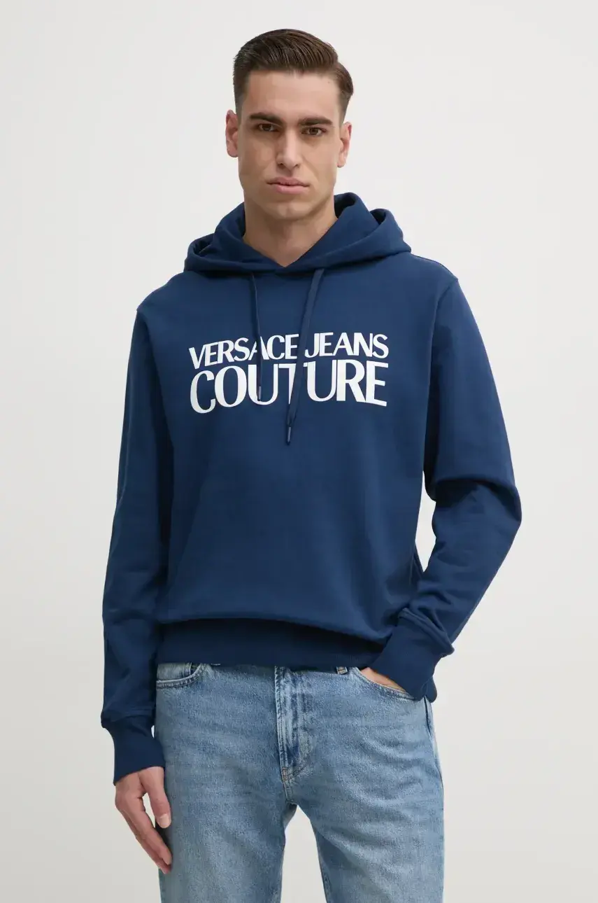 Bavlnená mikina Versace Jeans Couture pánska, tmavomodrá farba, s kapucňou, s nášivkou, 78GAIE05 CF00E