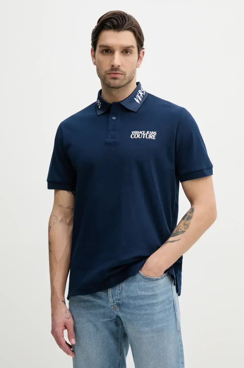 Bavlnené polo tričko Versace Jeans Couture pánske, tmavomodrá farba, s potlačou, 78GAGT05 CJ01T