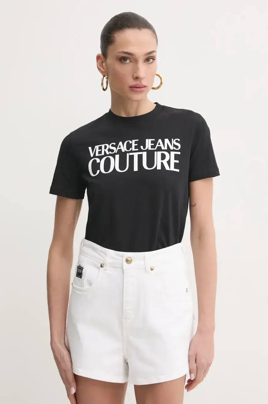 Bavlnené tričko Versace Jeans Couture dámske, čierna farba, 78HAHE05 CJ00E