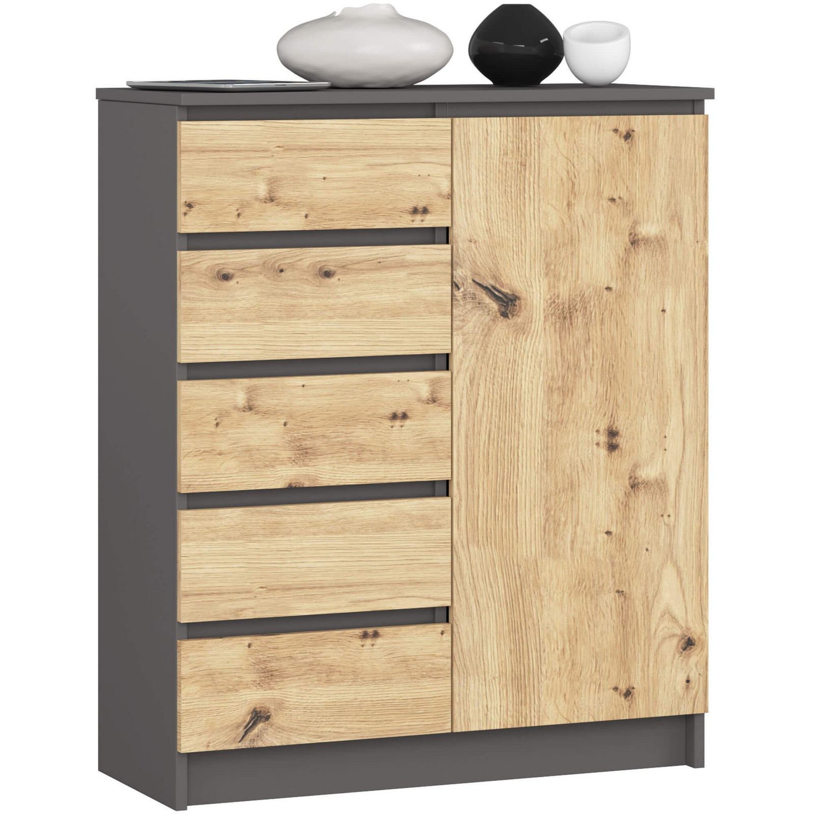 Komoda JERRY 80 cm 1 dveře 5 zásuvek grafitová/dub artisan