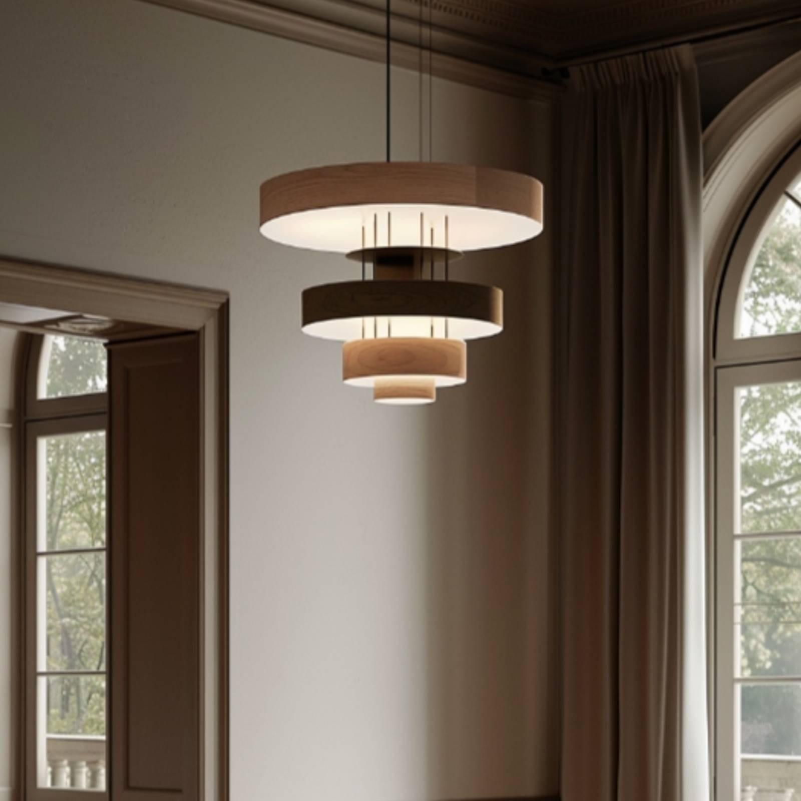 Závesné svietidlo Lucande Turbine, drevo, neutrálne, krúžky