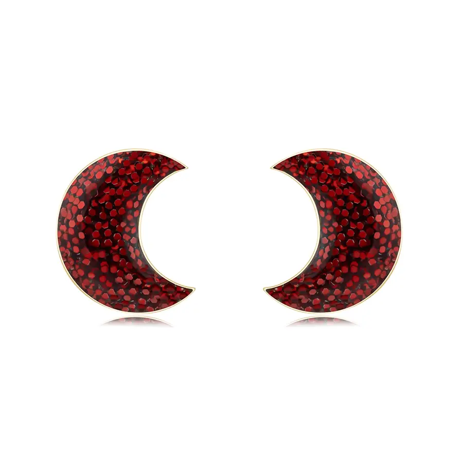 Náušničky v žltom 9K zlate - mesiac, červené glitre v čírej glazúre