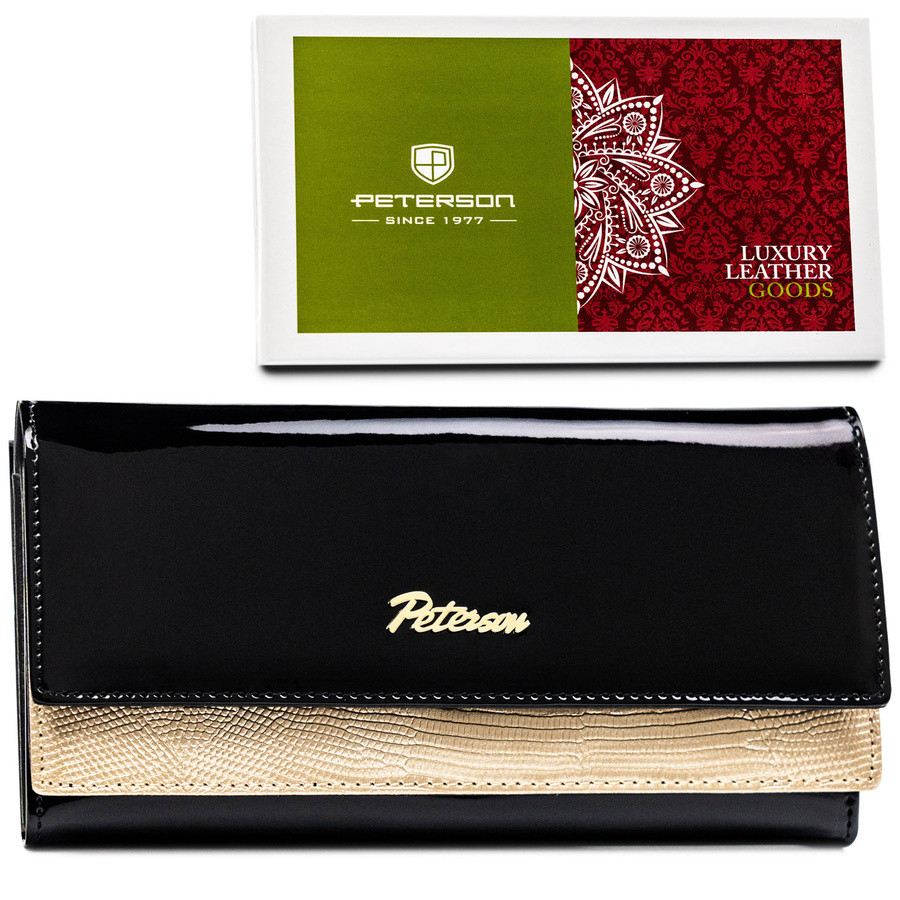 Portfel z lakierowanej skóry naturalnej w czarno-złotym kolorze, zamykany na bigiel i zatrzask - Peterson