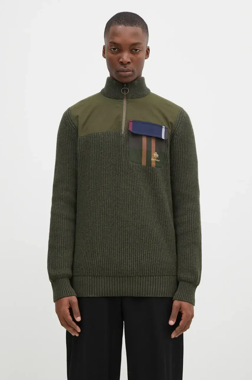 Vlnený sveter Baracuta Barbour x Baracut Miller Half Zip Knit pánsky, zelená farba, teplý, s rolákom, BRMAG0192