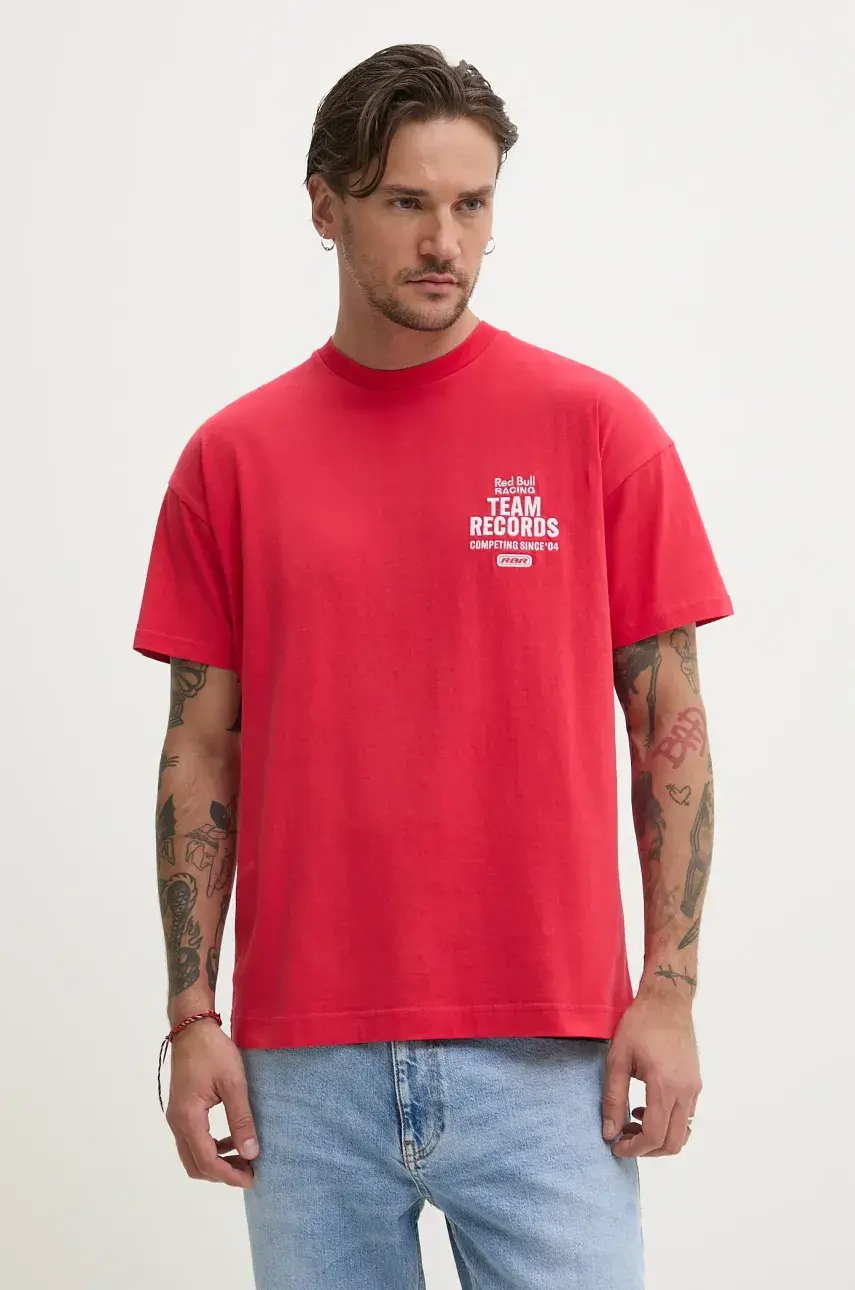 Bavlnené tričko Red Bull Racing x Pepe Jeans TEAM RECORDS TEE pánske, červená farba, s potlačou, RM500010